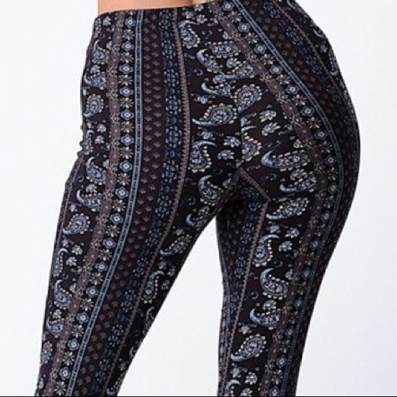 Tik Tok Famous Black Blue Tribal Print Bell Bottom Flare Stretch Pants - Picture 9 of 14